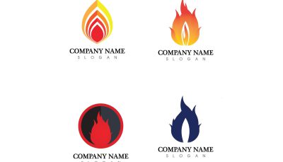 Fire flat logo and flame set vector icon, hot flaming element vector flame illustration design energy, warm, warning, cooking sign, logo, icon, light, power heat, abstract