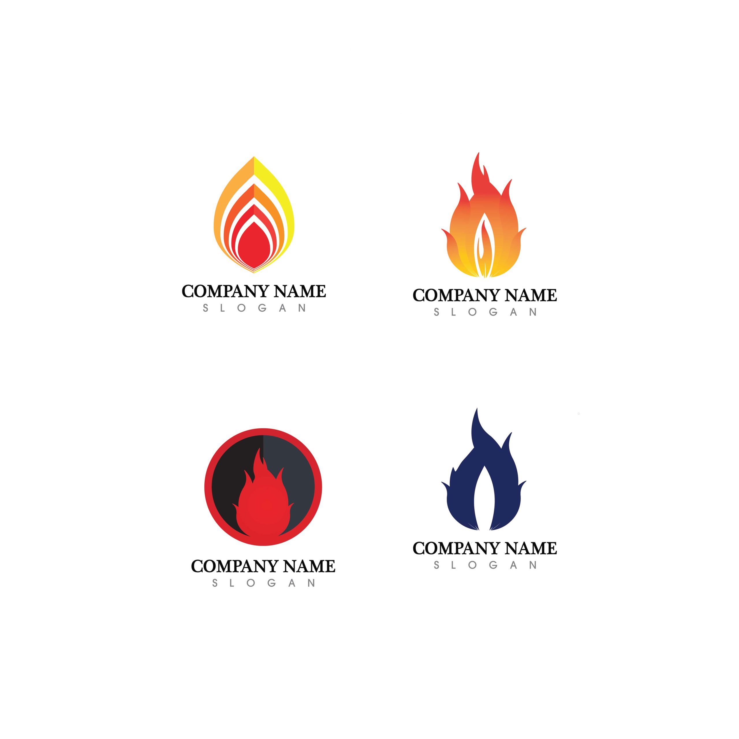 Fire flat logo and flame set vector icon, hot flaming element vector flame illustration design energy, warm, warning, cooking sign, logo, icon, light, power heat, abstract